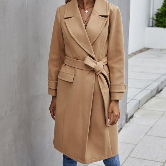 Button Front belted Trench Coat - TAN - Picture 2 of 8